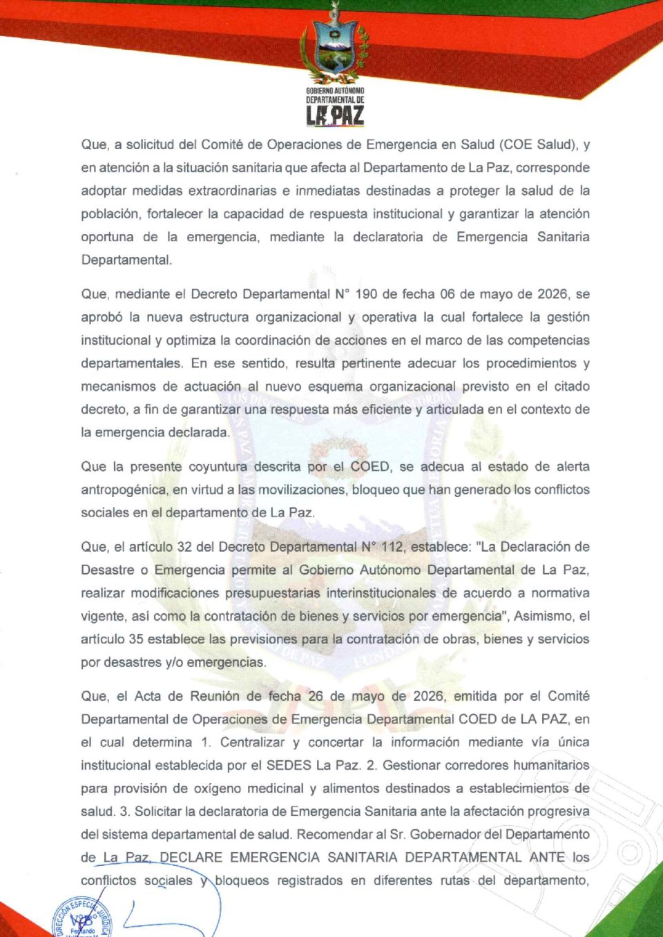 Gobernación declara Emergencia Sanitaria y Humanitaria en La Paz ante impacto de bloqueos