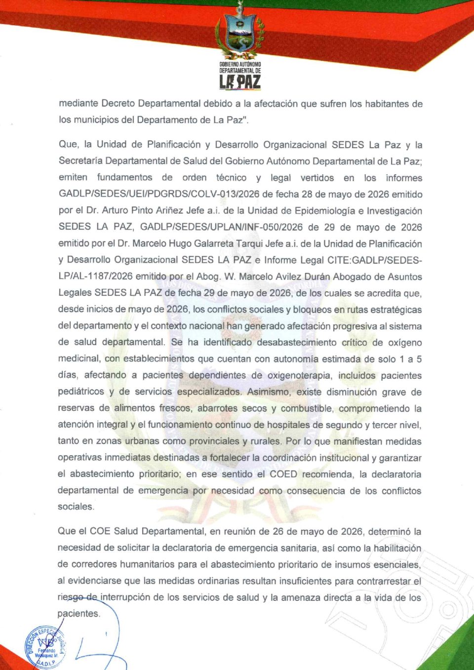 Gobernación declara Emergencia Sanitaria y Humanitaria en La Paz ante impacto de bloqueos