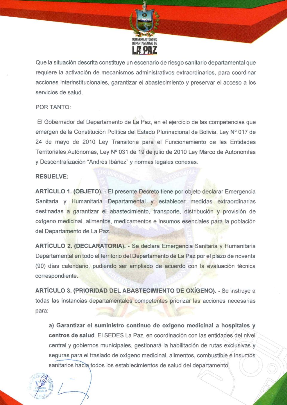 Gobernación declara Emergencia Sanitaria y Humanitaria en La Paz ante impacto de bloqueos
