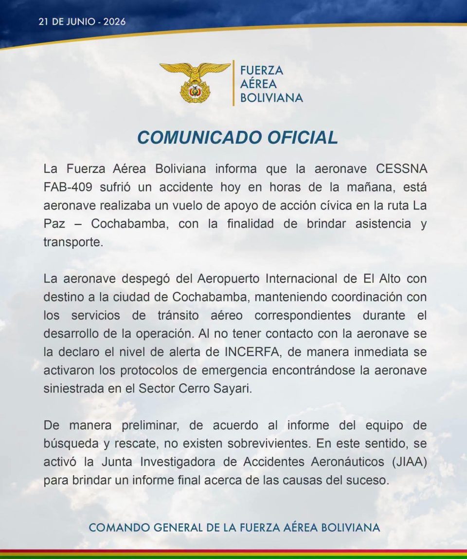 Avioneta de la FAB se precipita en Cochabamba y reportan que no habría sobrevivientes