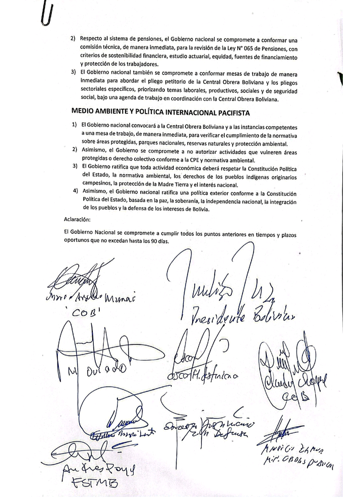 Gobierno y COB firman acuerdo que pone fin a 50 días de bloqueos en el país