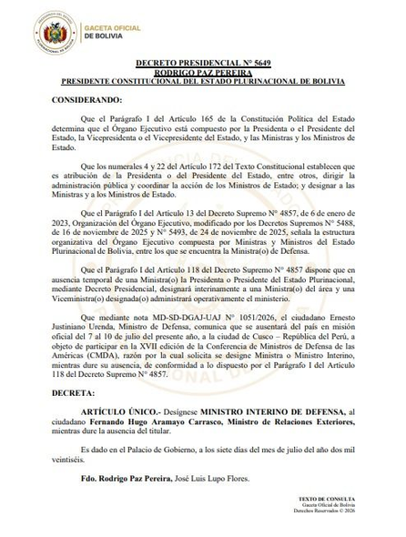 Aramayo asume de forma interina el Ministerio de Defensa por viaje oficial de Justiniano a Perú