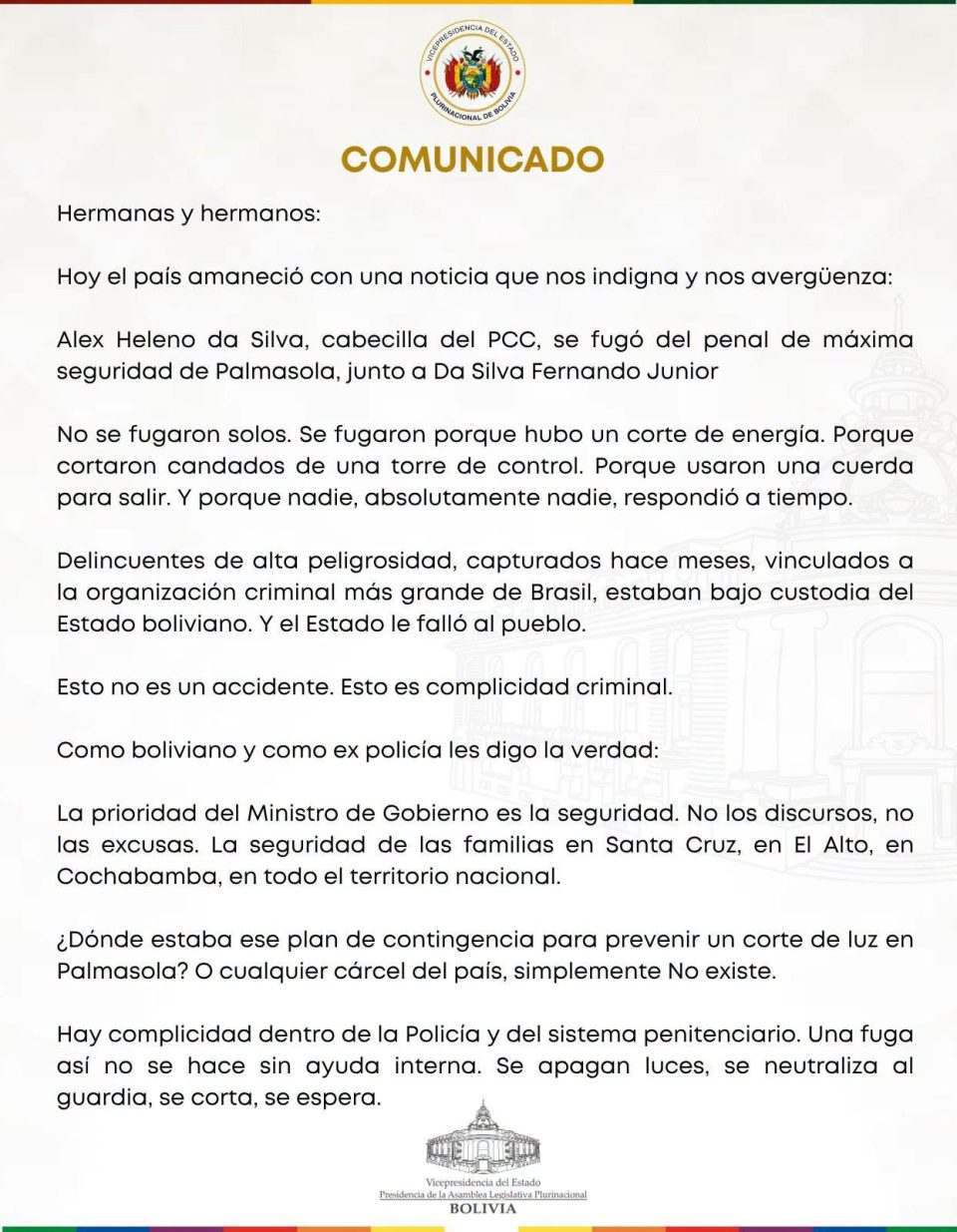 Vicepresidente denuncia fallas de seguridad tras fuga de presunto cabecilla del PCC en Palmasola