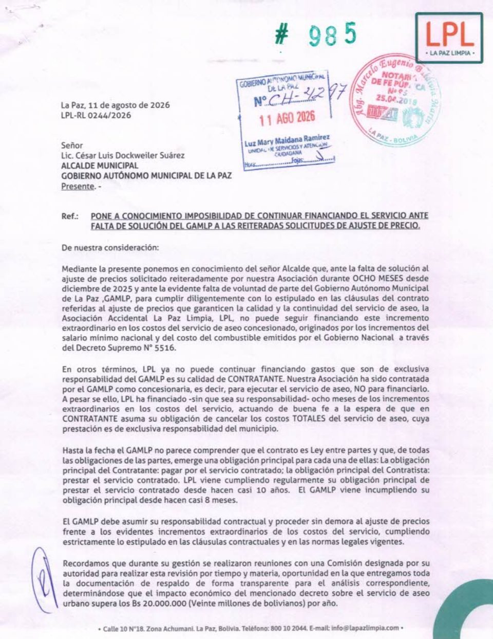 La Paz Limpia advierte una posible crisis y dice que ya no puede seguir financiando el servicio de aseo