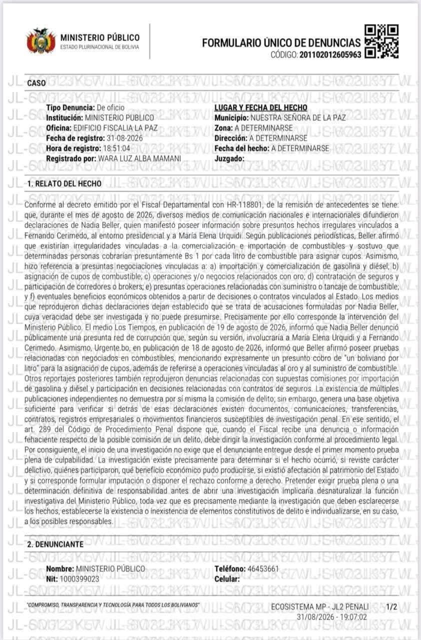 Fiscalía de La Paz abre investigación contra María Elena Urquidi por denuncias sobre presuntos negociados