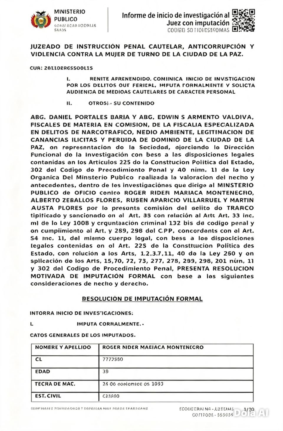 Fiscalía imputa a Mariaca y otros tres y pide seis meses de detención preventiva