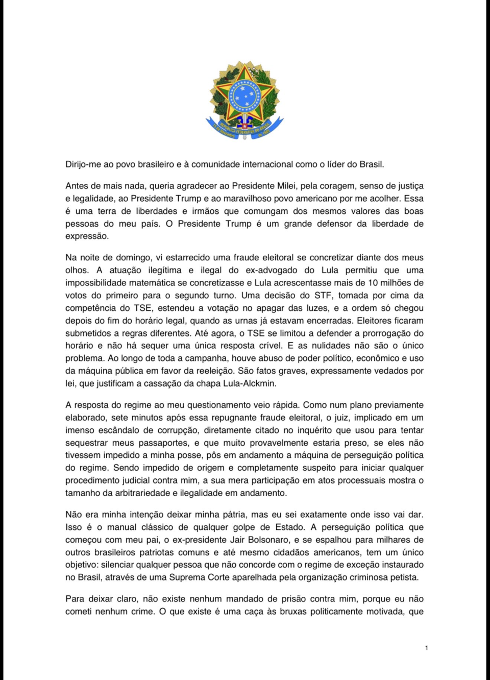 Flávio Bolsonaro se declara “presidente electo” de Brasil tras llegar a Estados Unidos